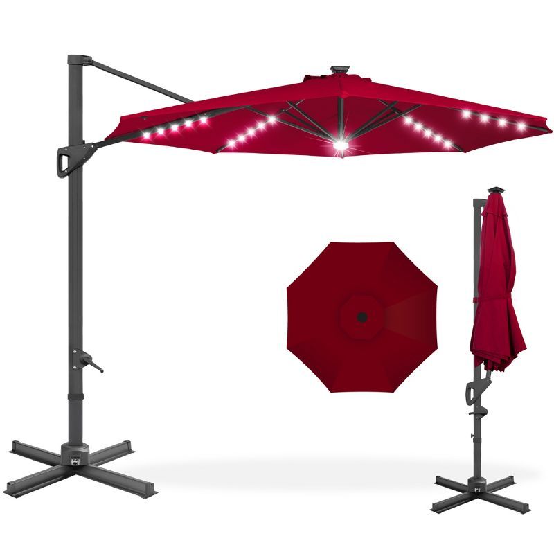 Burgundy 10ft Solar LED Cantilever Patio Umbrella with Cross Base