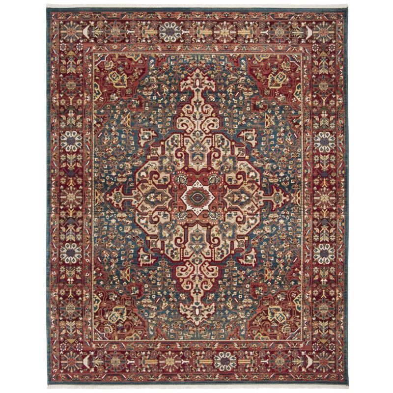 Traditional Red and Blue Synthetic 8' x 10' Rectangular Area Rug