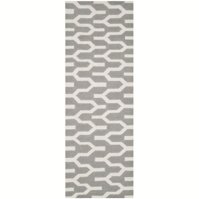 Silver Ivory Geometric Wool Flat Woven Runner Rug