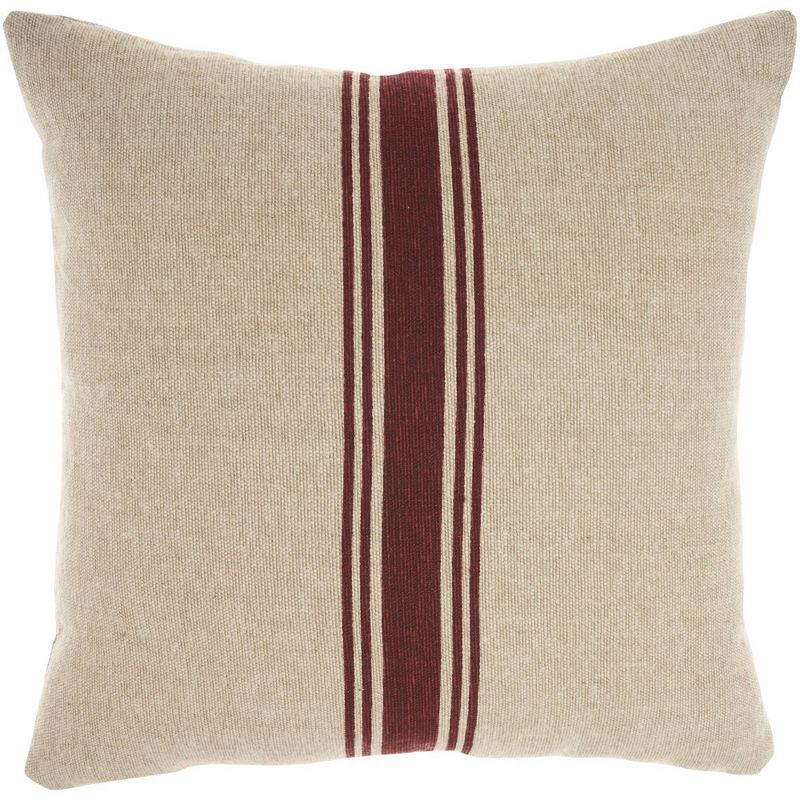 20" Maroon and Beige Cotton Linen Striped Square Throw Pillow