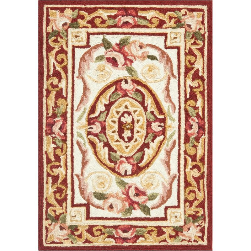 Ivory and Burgundy Floral Hand-Knotted Wool Area Rug