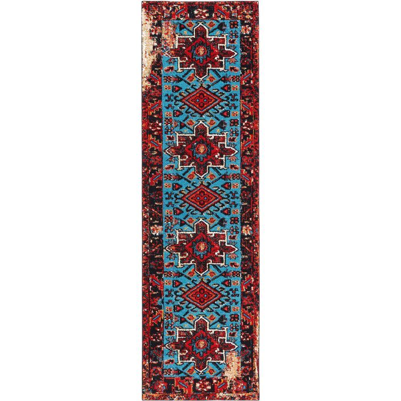 Vintage Hamadan Red and Light Blue Synthetic Runner Rug