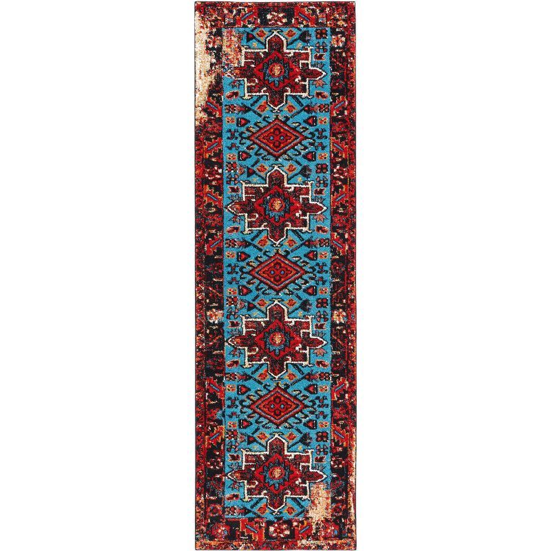 Red and Light Blue Oriental Synthetic Runner Rug