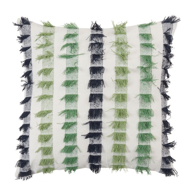 Green and Black Striped Fringe Cotton Throw Pillow