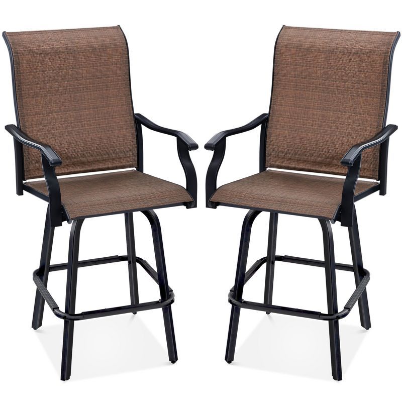 Brown Outdoor Swivel Bar Stools with Mesh and Steel Frame, Set of 2