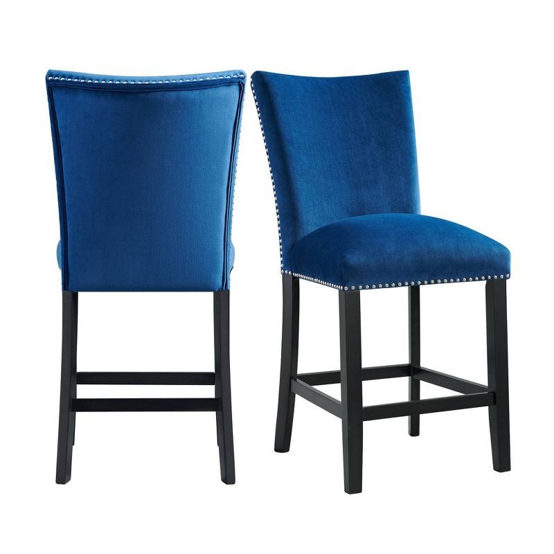 Elegant Blue Velvet Transitional Counter Stools with Chrome Accents - Set of 2