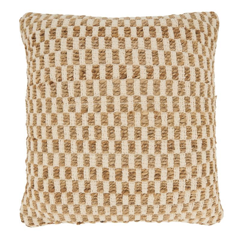 Beige 20" Jute and Cotton Woven Throw Pillow Cover