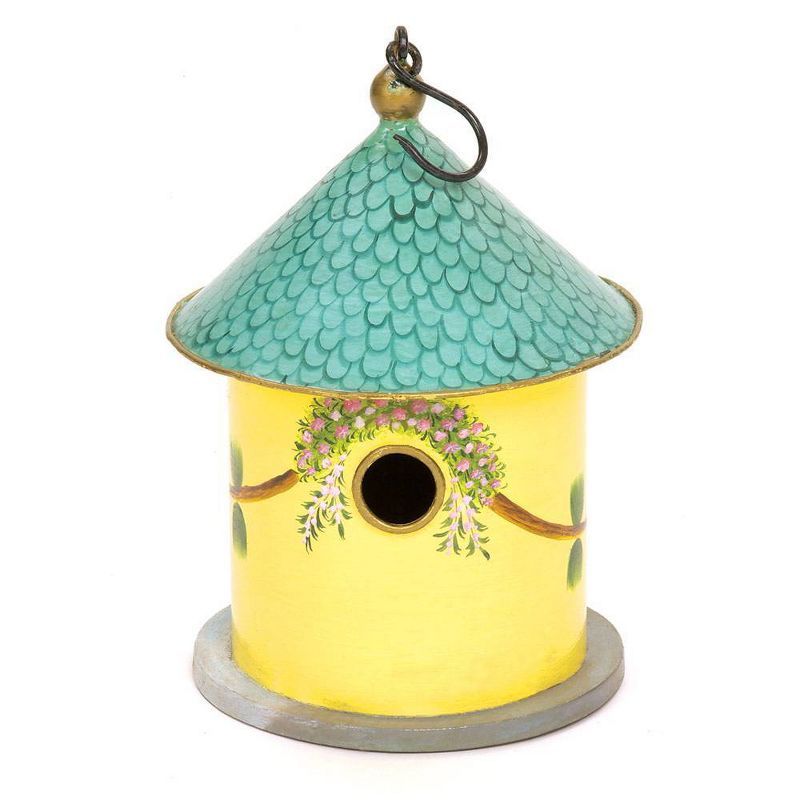 Yellow Hand-Painted Iron and Wood Cottage Birdhouse