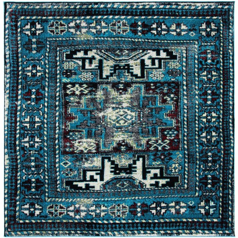 Vintage Blue and Black Square Synthetic Area Rug