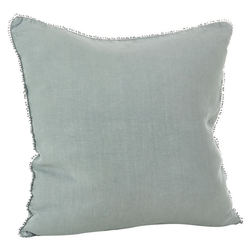 Blue-Grey Linen Square Throw Pillow with Pom-Pom Fringe