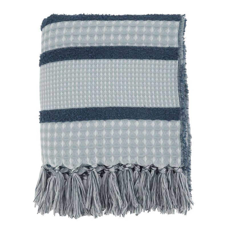 Blue and Gray Knitted Reversible Throw Blanket with Fringe