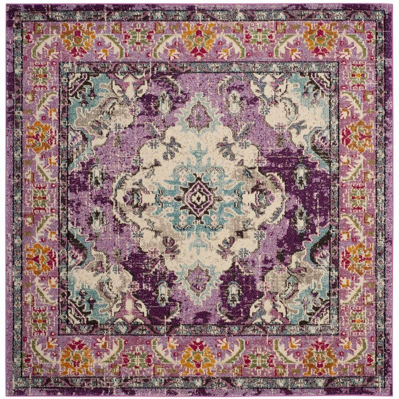 Violet and Light Blue Synthetic Medallion Square Rug