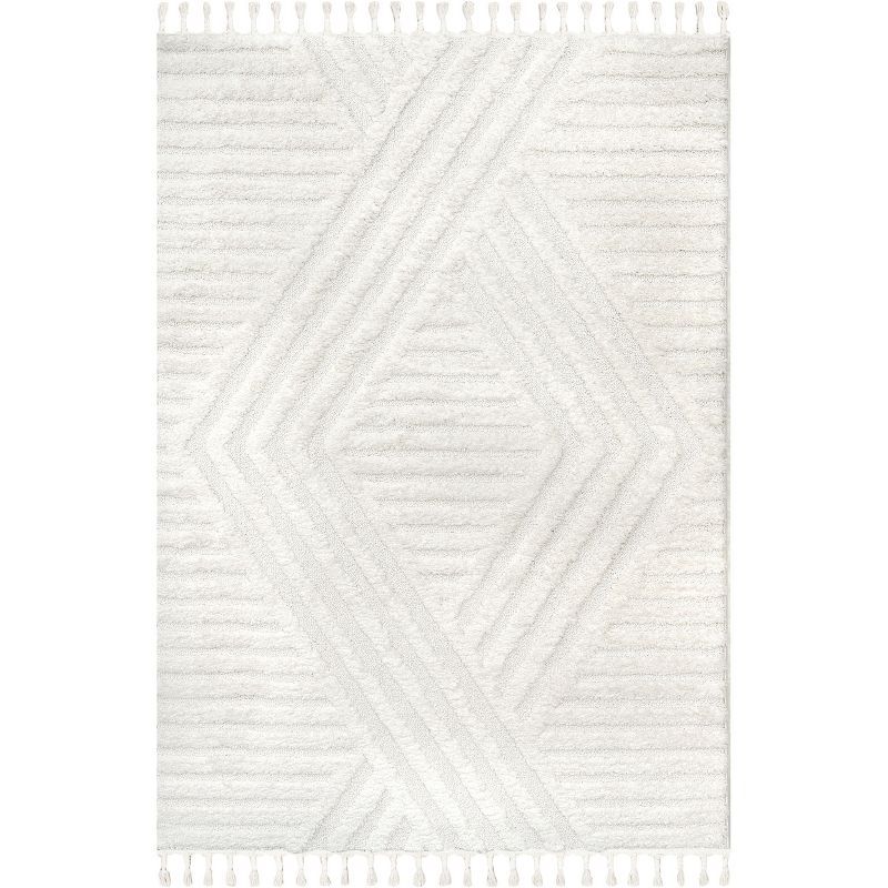 Ivory Geometric Shag Synthetic Area Rug with Tassels