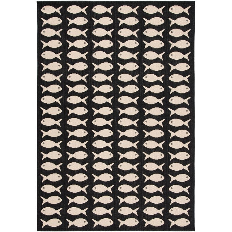 Black and Beige Geometric Fish Indoor/Outdoor Area Rug