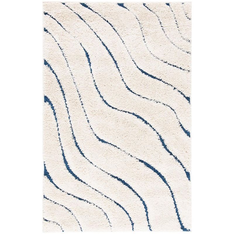 Cream and Blue Abstract Tufted Shag Area Rug