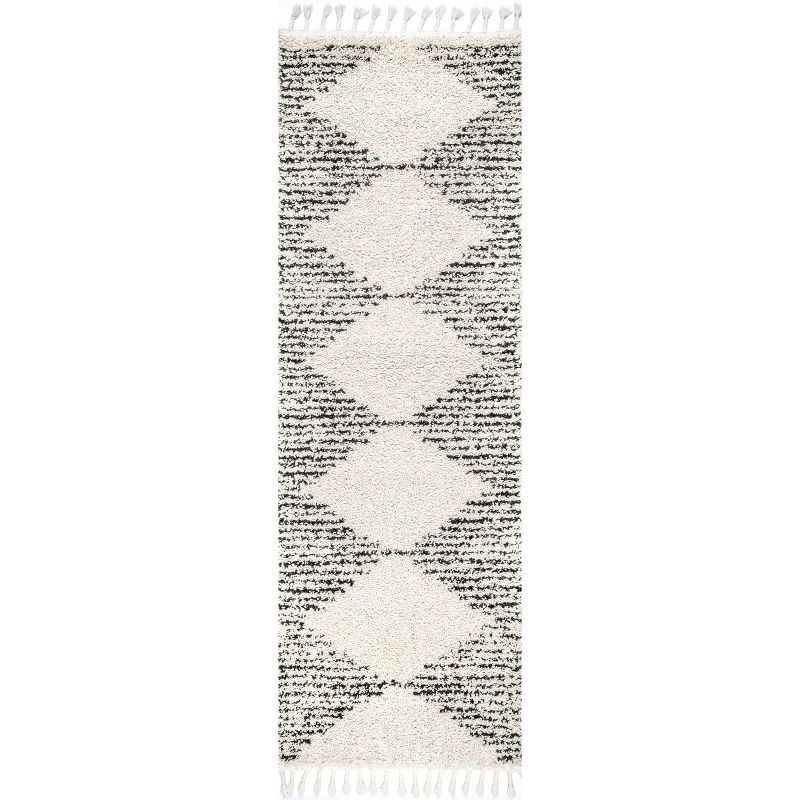 Off-White Synthetic Moroccan Diamond Shag Runner Rug with Braided Tassels