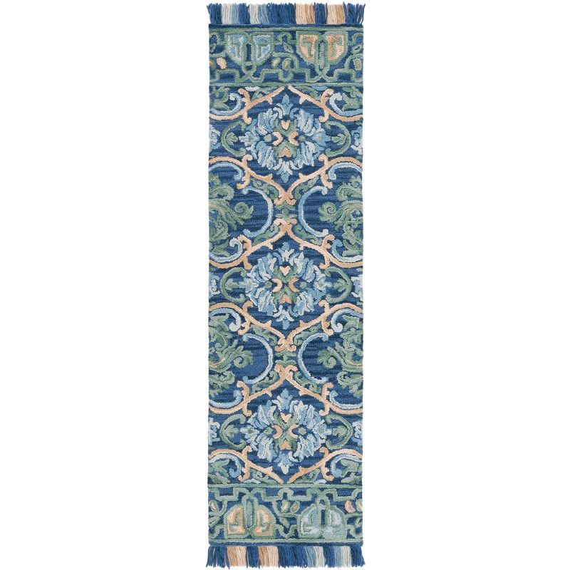 Handmade Navy and Green Floral Wool Runner Rug