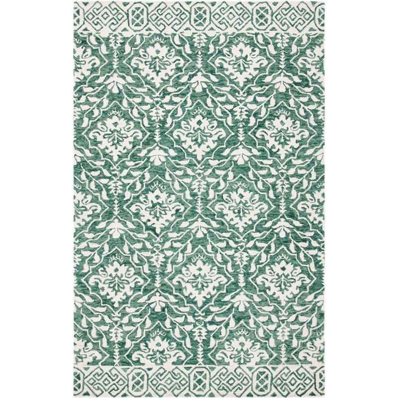 Ivory and Green Hand Tufted Wool Square Rug