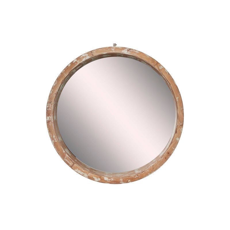 Vintage Round Brown Wood Wall Mirror