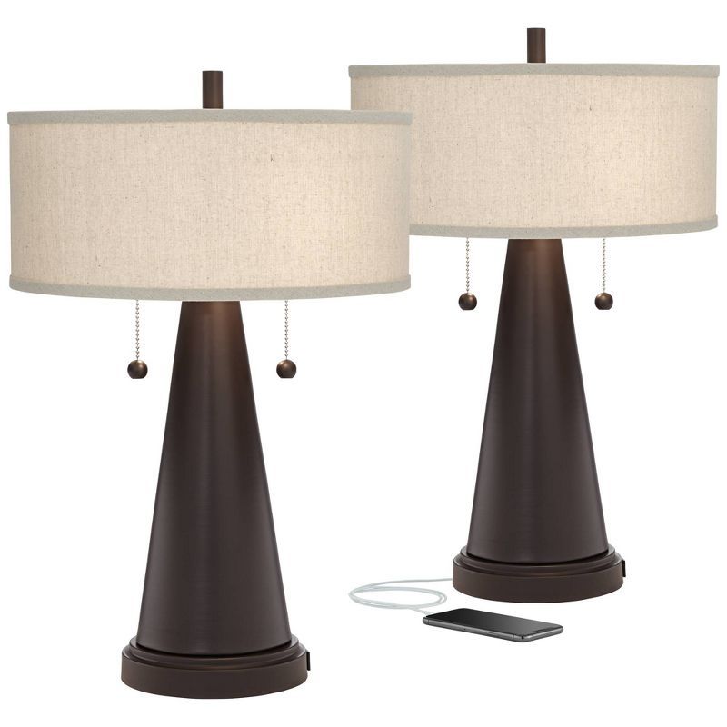 Bronze Tapered Table Lamps with Natural Drum Shades and USB Ports, Set of 2