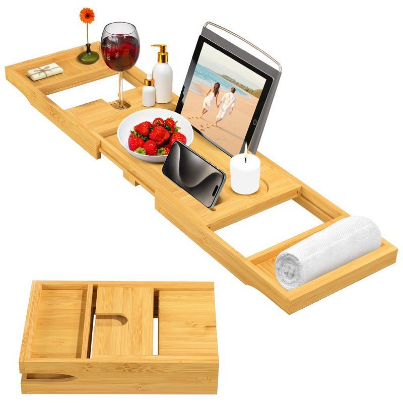 Natural Bamboo Expandable Freestanding Bathtub Tray with Holders