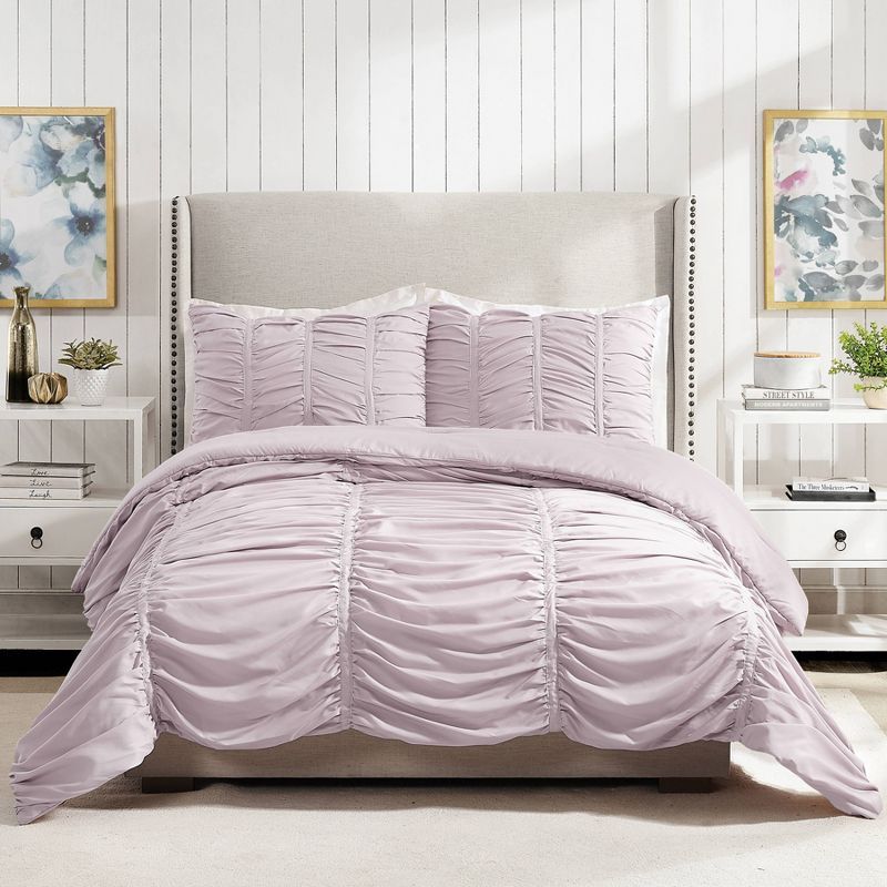 Elegant Ruched Purple Polyester King Comforter Set with Shams