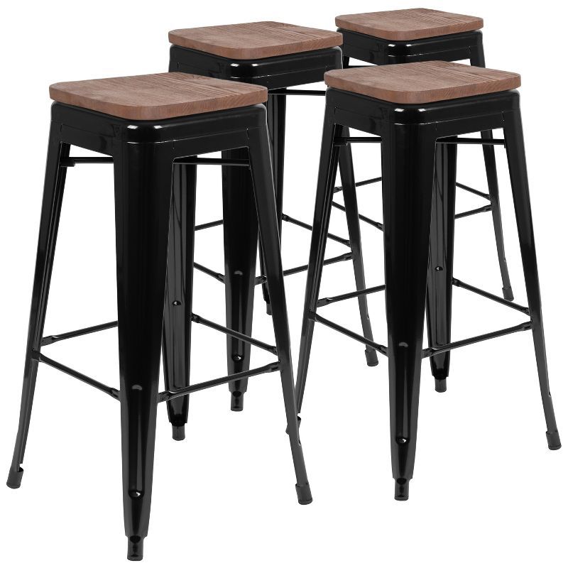 Industrial Chic 30" Stackable Black Metal and Wood Bar Stool, Set of 4