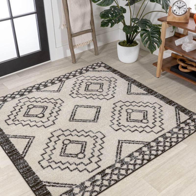 Amir Moroccan Geometric Cream and Black Synthetic Square Area Rug