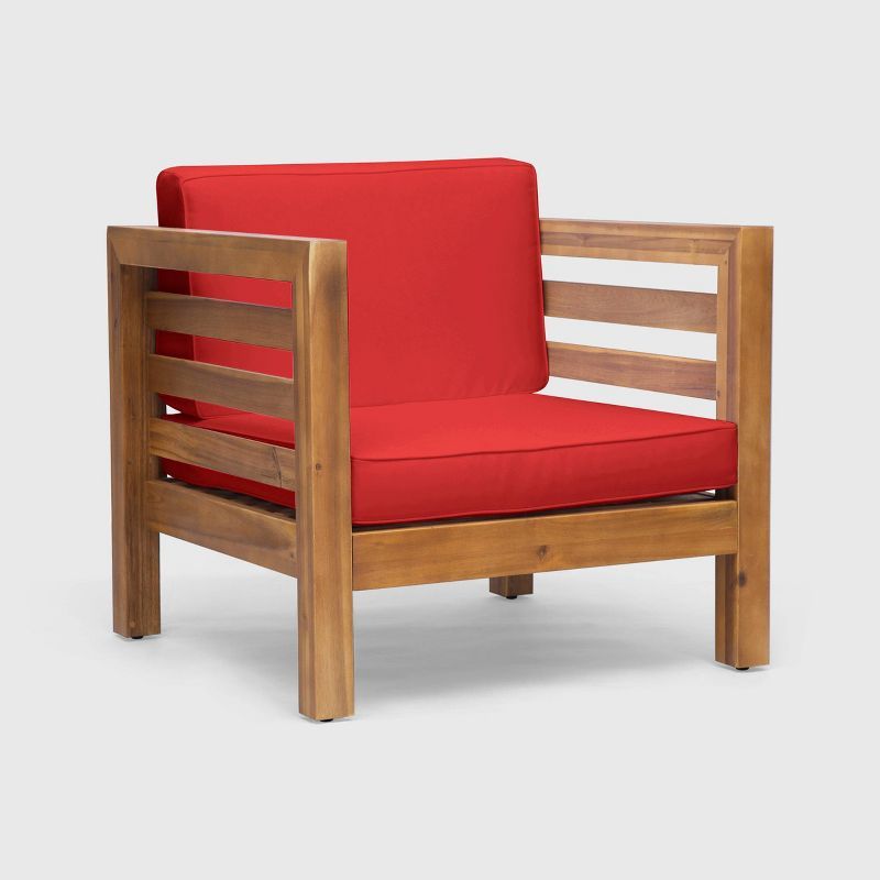 Teak Brown Lounge Chair with Plush Red Cushions