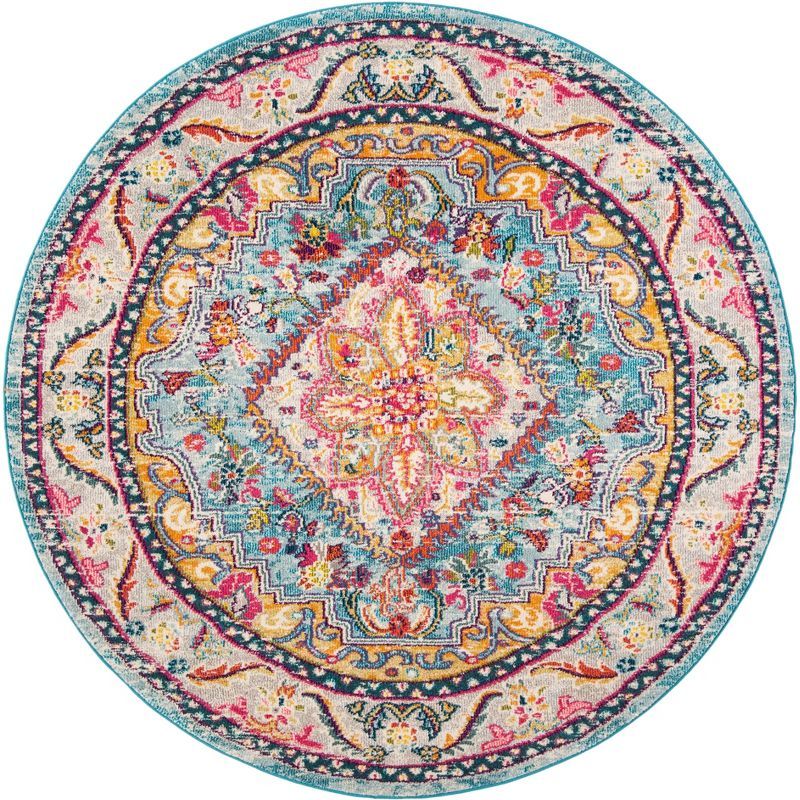 Phoenix Round Blue Medallion Stain-Resistant Synthetic Rug