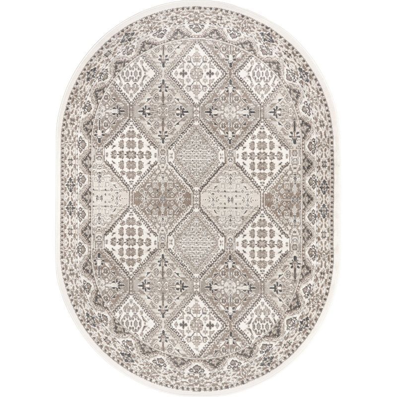 Beige Oval 6'7" x 9' Synthetic Easy-Care Area Rug