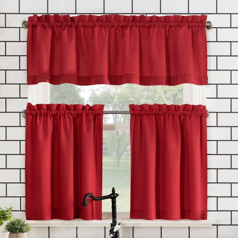 Red Sheer Polyester Rod Pocket Kitchen Curtain Set