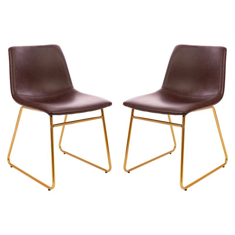 Elegant Dark Brown LeatherSoft Side Chair with Sleek Gold Base, Set of 2