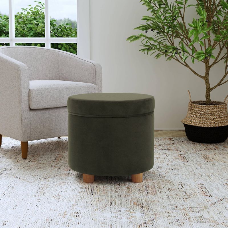 Loden Green Velvet Round Storage Ottoman with Wood Legs