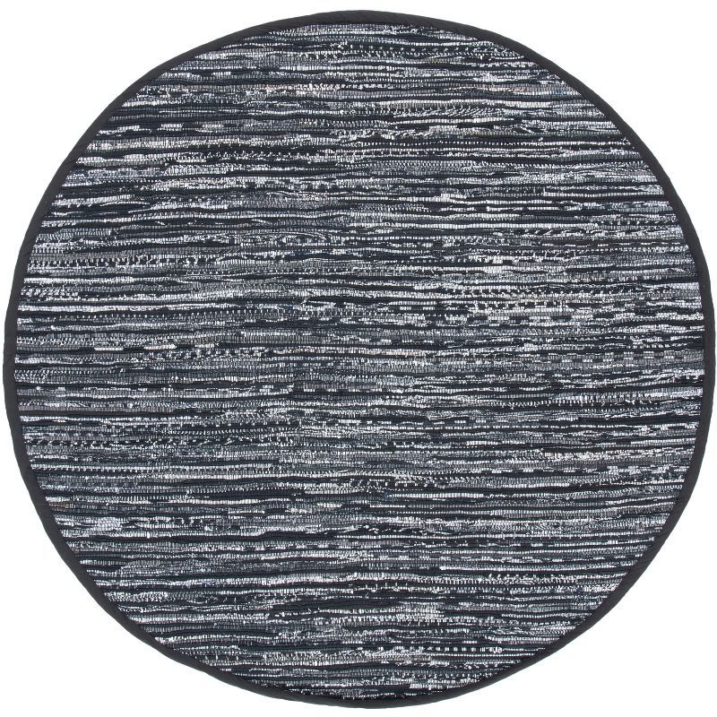 Handmade Black Cotton Stripe Round Rug, 6' Flat Woven