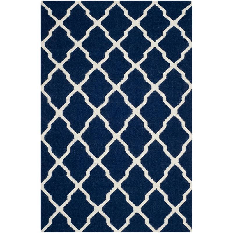 Ivory and Navy Geometric Handwoven Wool Area Rug, 5' x 8'