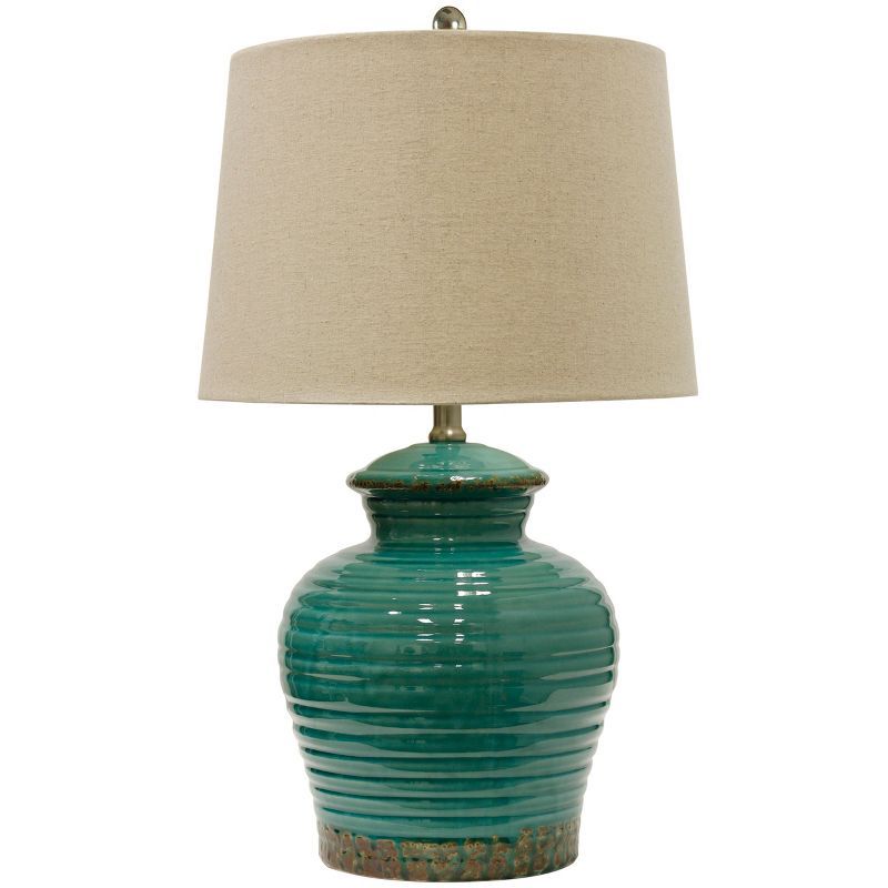 Turquoise Ceramic Table Lamp with Beige Linen Shade