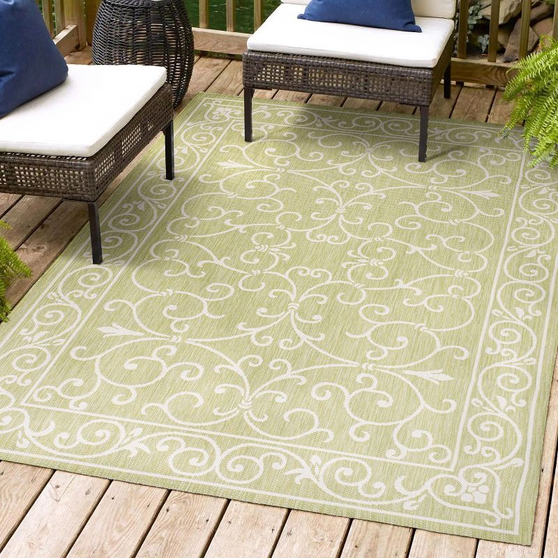 Boho-Chic Green and Cream Vintage Filigree 9' x 12' Indoor/Outdoor Rug