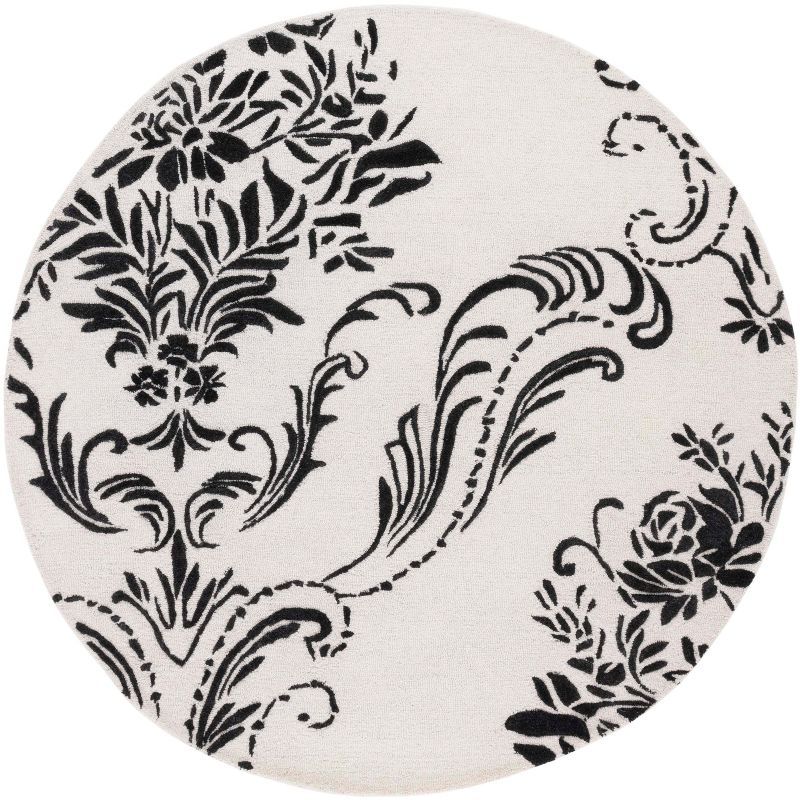 Ivory and Black Floral Hand-Tufted Wool Round Rug