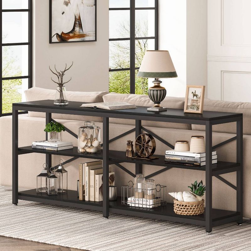 Black Metal and Wood 3-Tier Console Table with Storage Shelves