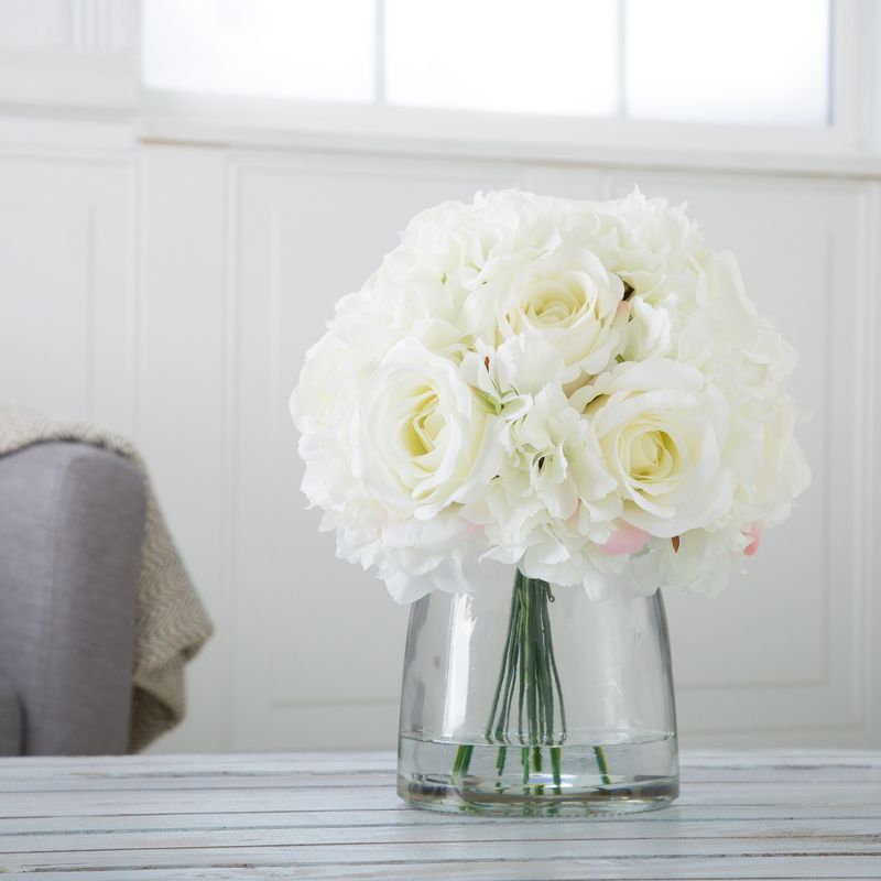 Cream Hydrangea and Rose Floral Arrangement in Clear Glass Vase