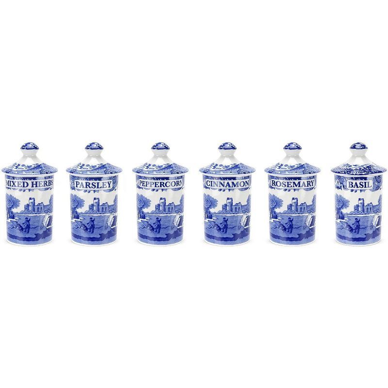 Spode Blue Italian Fine Porcelain Spice Jars, Set of 6