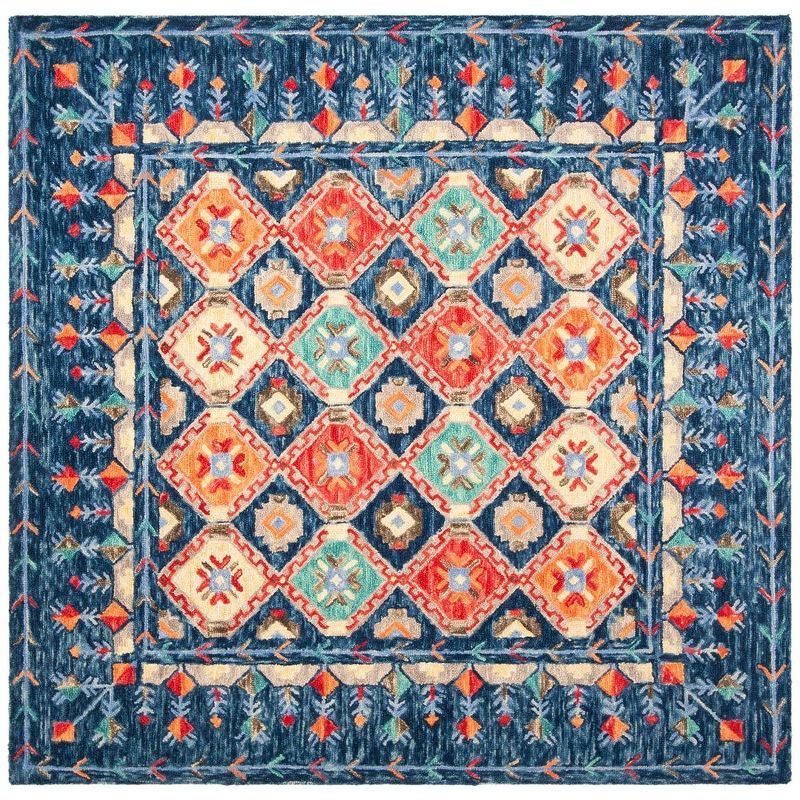 Handmade Blue Geometric Wool Square Area Rug