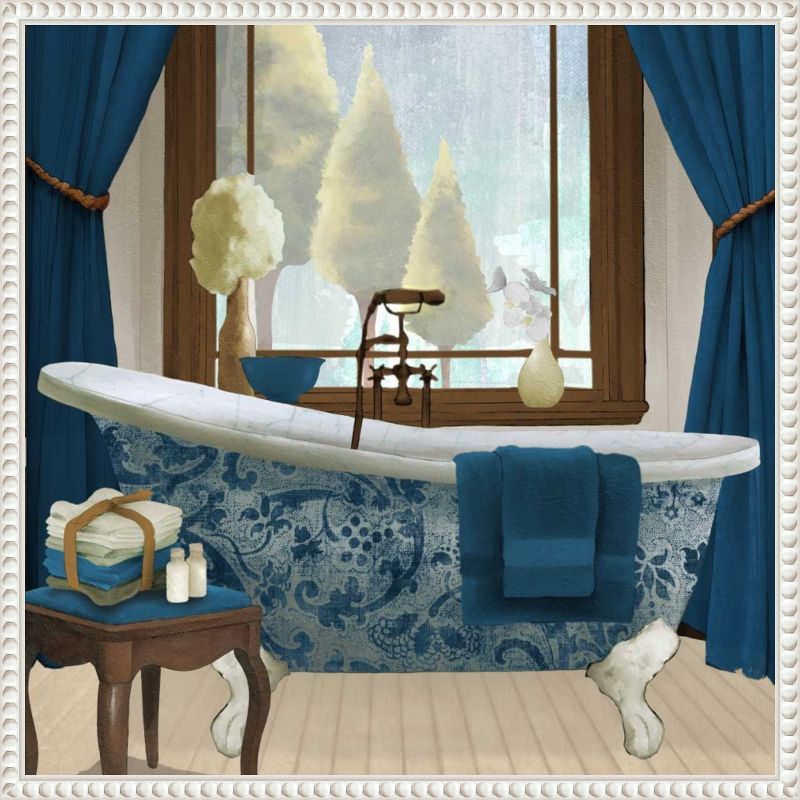 Blue and White French Provincial Canvas Bath Print with Beaded Frame