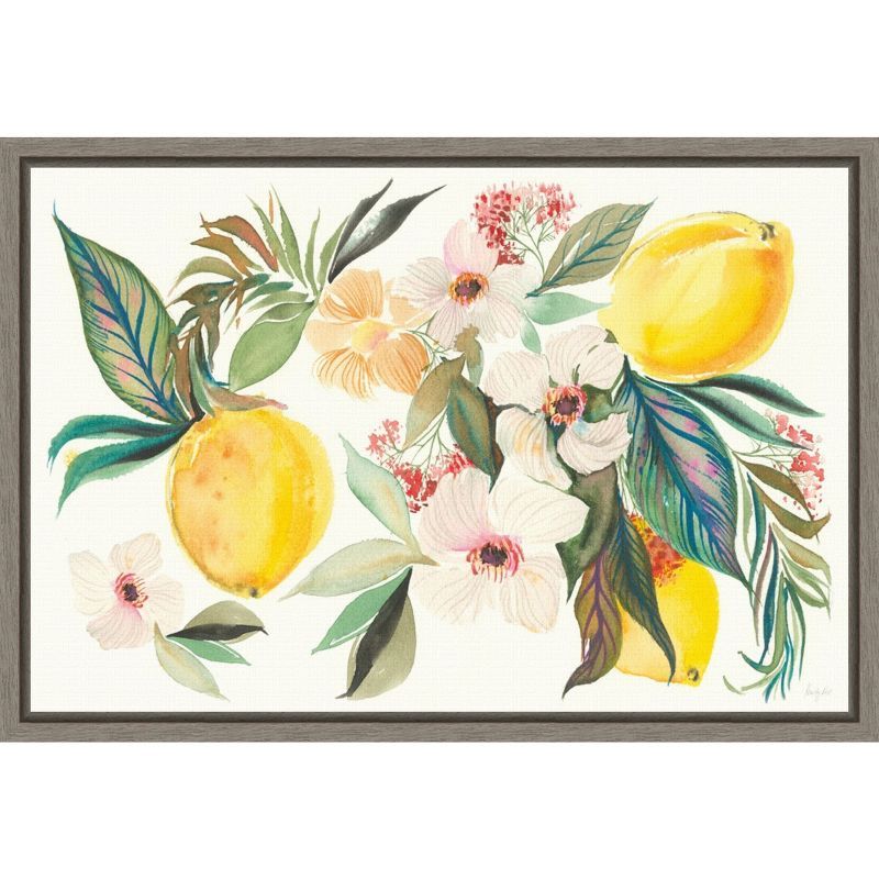 Citrus Summer Floral Canvas Wall Art with Gray Frame