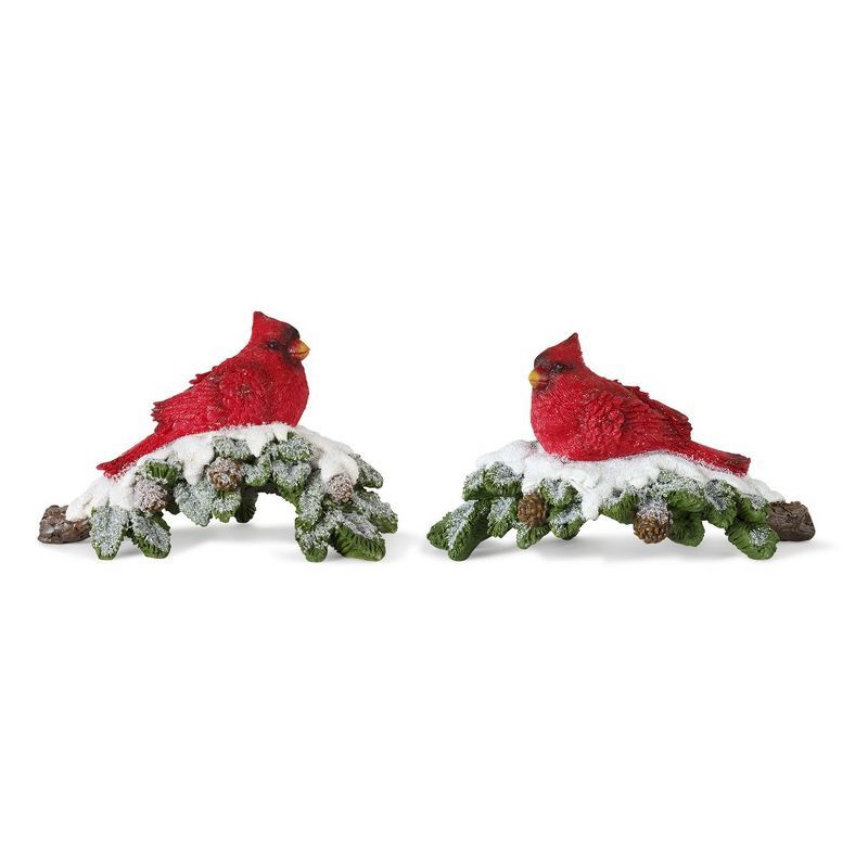 Red and White Resin Cardinal Bird Figurines on Snowy Branches, Set of 4