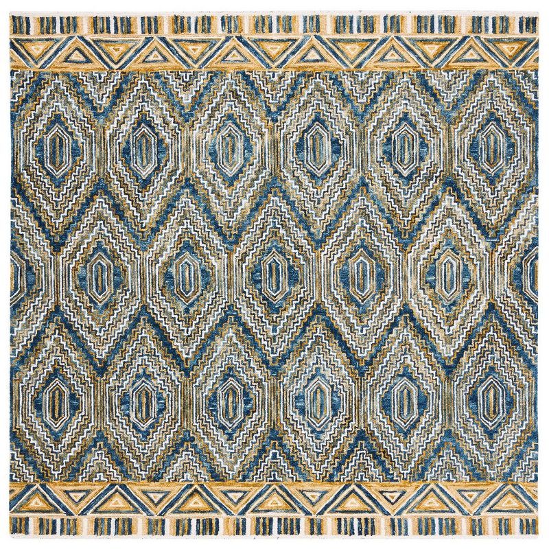 Handmade Boho Chic Blue Geometric Square Wool Rug 7'