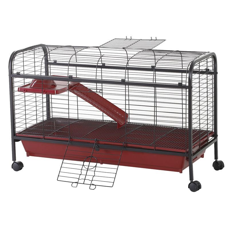 PawHut Red and Black Small Animal Cage with Ramp and Feeder