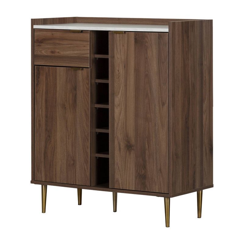 Natural Walnut and Faux Carrara Marble Bar Cabinet