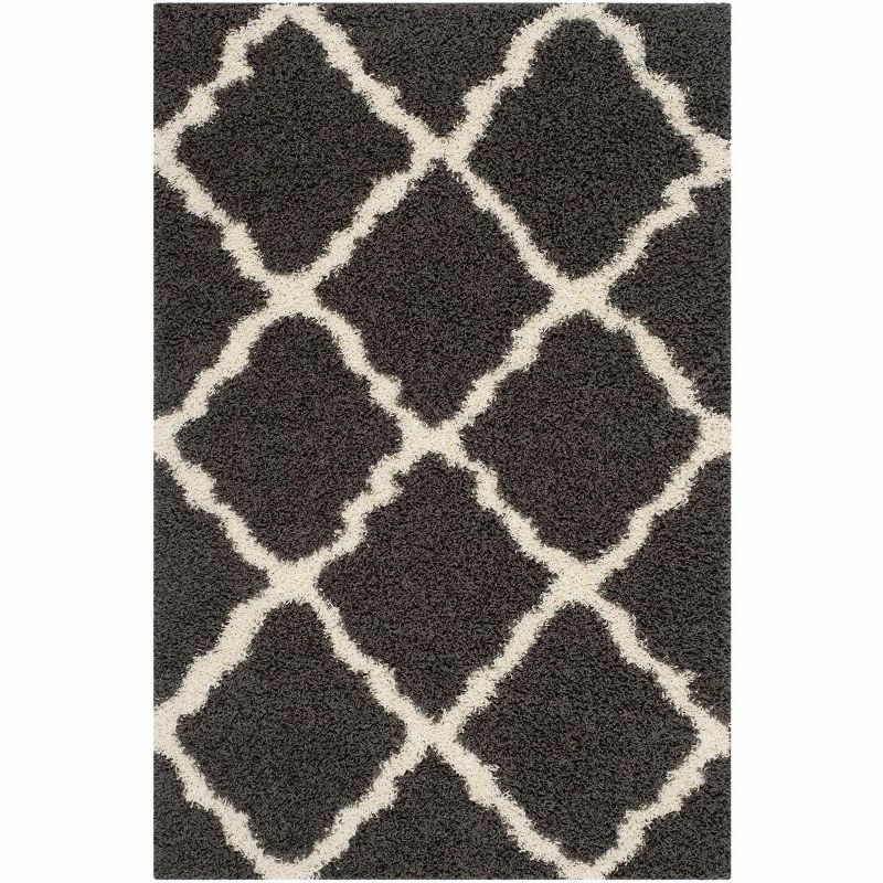 4' x 6' Dark Grey and Ivory Geometric Shag Rug